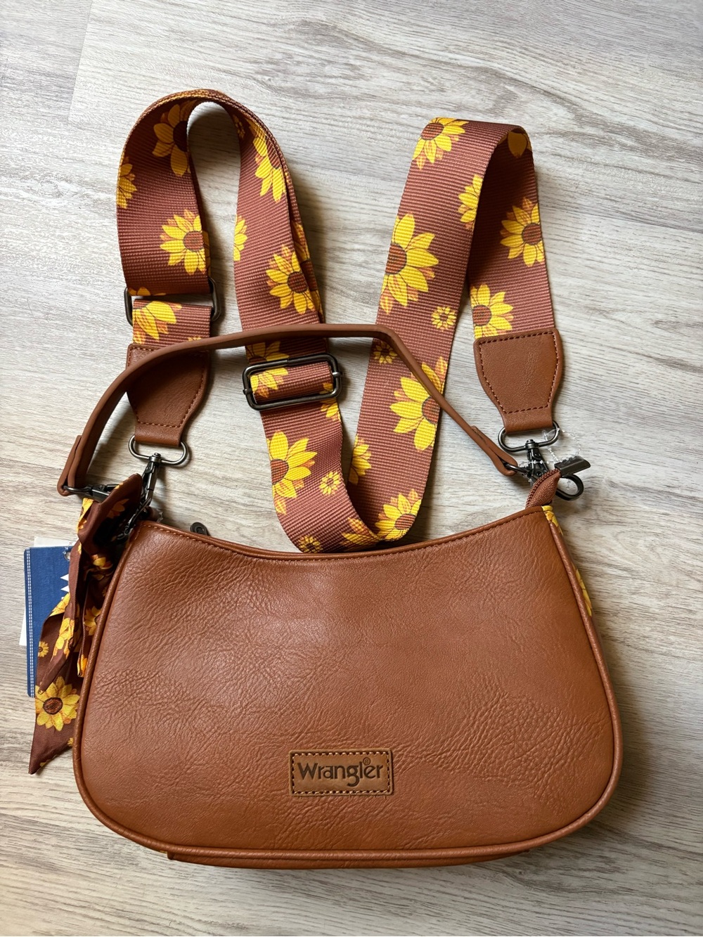 Wrangler Sunflower Hobo Shoulder Bag Brown Vegan Leather with Guitar Strap NEW